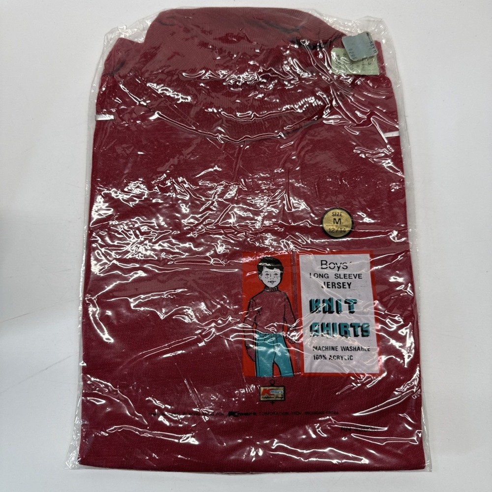 Vintage Long Sleeve Jersey Shirt Boys Medium Red Mock Neck Acrylic Kmart 70s 80s